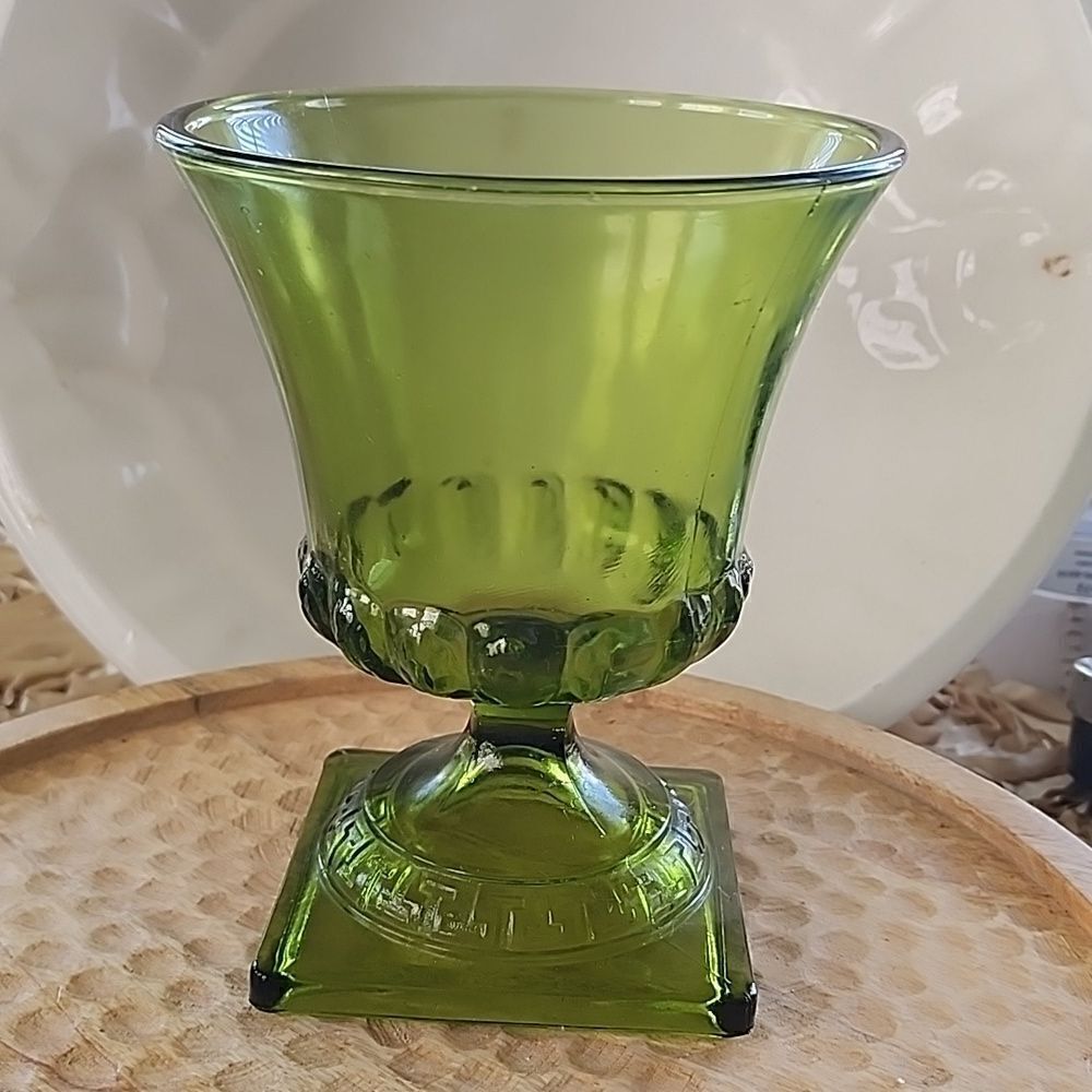 Vintage Avocado Green Pressed Glass Pedestal Vase